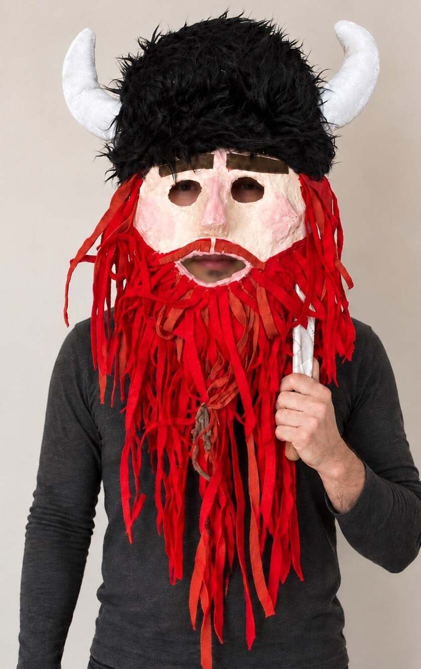 Handmade Paper Mache Viking Mask 20” Big Head Oversized Parade Theater Prop Man